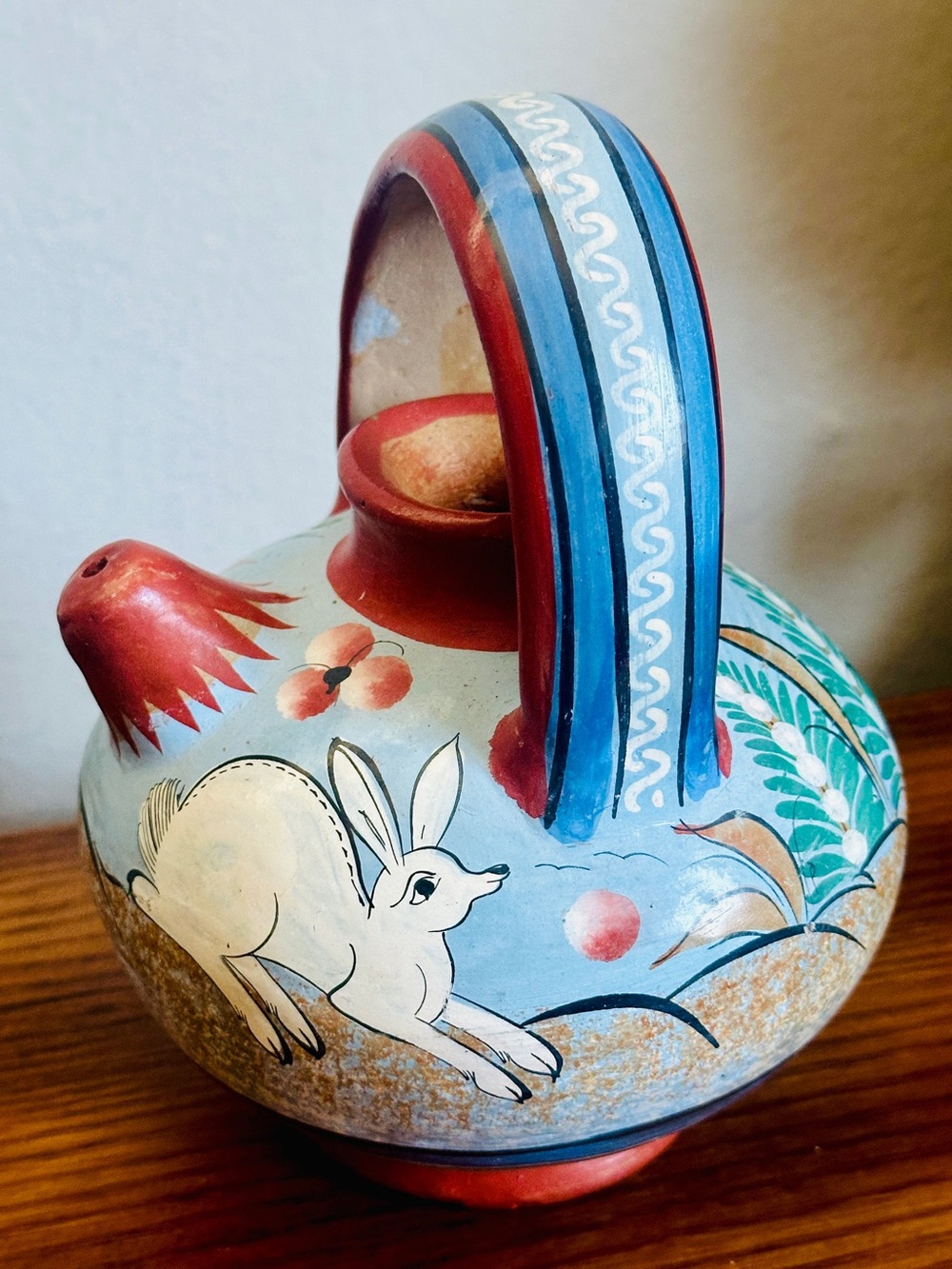 Signed I. Jarero Tonala Mexico Pottery 6.5" Jug Two White Rabbits Folk Art Jar